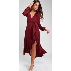 Wayf Satin Burgundy Long Sleeve Wrap Dress Size- XS - 23